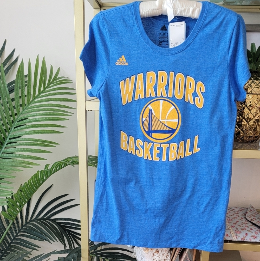 Adidas Blue and Yellow Golden State Warriors Basketball T-Shirt - Women's Large